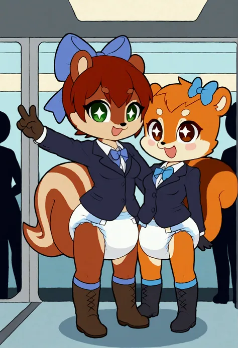 2girls, squirrel, furry, bodyfur, tail, blazer, shirts, bottomless, hair bow, diaper, gloves, boots, chibi, sparkling eyes, happy, full body, train