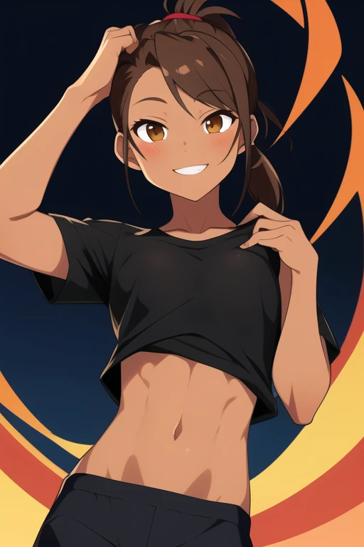 ((The best quality)), ((masterpiece)),1 chico, dark skin,brown eyes, Brown hair, hair tied in a low ponytail, wide collection, athletic body, marked abdomen, high, man, flirtatious smile, black shirt