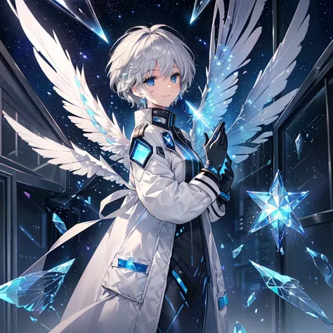 ((Archangel　Fantasy　Gray Hair　Short Hair Blue Eyes　1 person))　((There is a galaxy　Uniform　Please wear your coat without putting your arms through it.))　(((Wings many times larger than mine　Glass Feather)))　((Pillar of Light　Cyberpunk　Smiling Kindly　Front))...