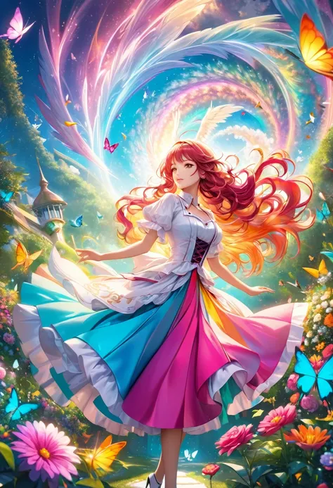 Attractive woman, long wavy hair, angel wings, heaven, Eden, colorful flowers: red, green, yellow, blue, orange, white, pink, magenta, cyan, birds, butterflies, fractal manifolds, dynamic poses, Alice in Wonderland,