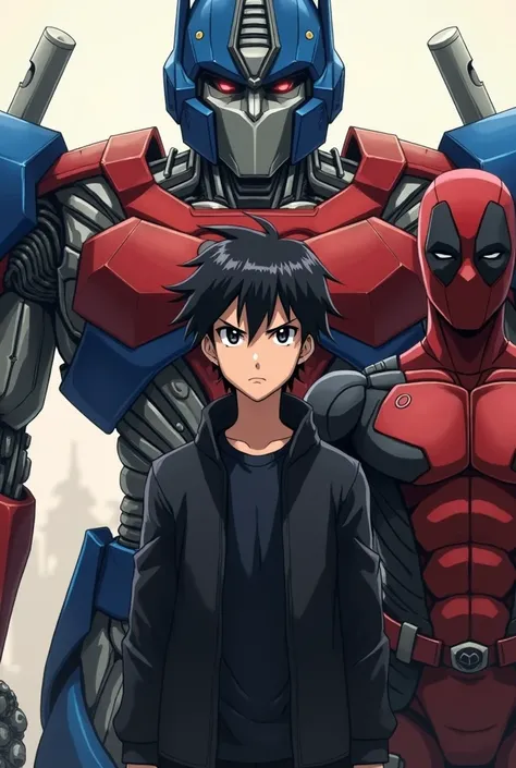 I want an anime boy who is serious , that your hair is black , with a black jacket and brown skin  , Next to him I want the following characters Optimus Prime , superman y deapooll