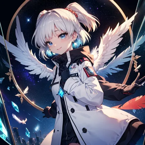 ((Archangel　Fantasy　Gray Hair　Short Hair Blue Eyes　1 person))　((There is a galaxy　Uniform　Please wear your coat without putting your arms through it.))　(((Wings many times larger than mine　Glass Feather)))　((Pillar of Light　Cyberpunk　Smiling Kindly　Front))...