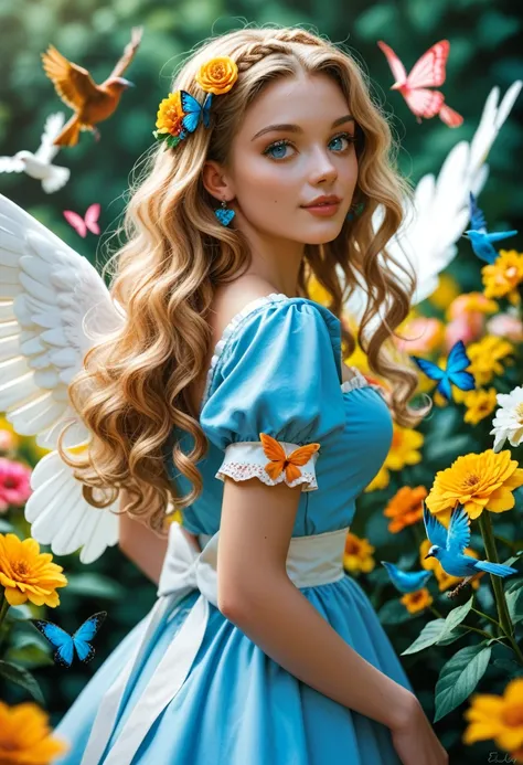 Attractive woman, long wavy hair, angel wings, heaven, Eden, colorful flowers: red, green, yellow, blue, orange, white, pink, magenta, cyan, birds, butterflies, fractal manifolds, dynamic poses, Alice in Wonderland,