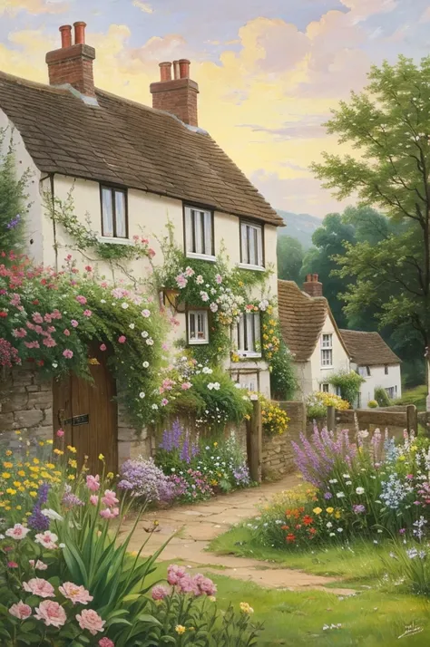 English cottage painting　19th century English countryside painting　Yellow, pink, purple and white flowers bloom　A painting like that of Constable