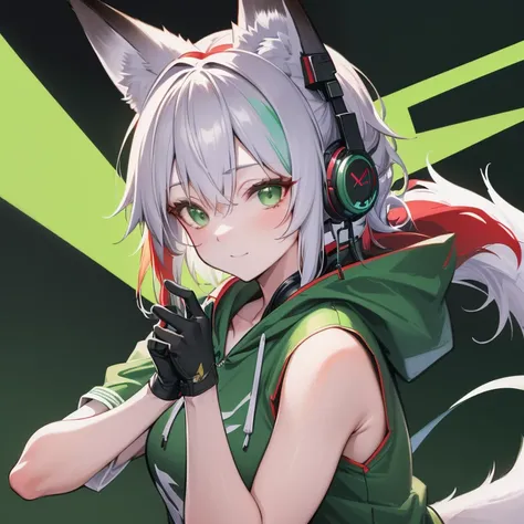 a facial close up of exactly one anthropomorphic red fox wearing a green hoodie and headphones in a cartoony style, detailed facial features, ultra-detailed, 8k, highres, masterpiece, cinematic lighting, vibrant colors, dynamic pose, whimsical, fantasy, di...