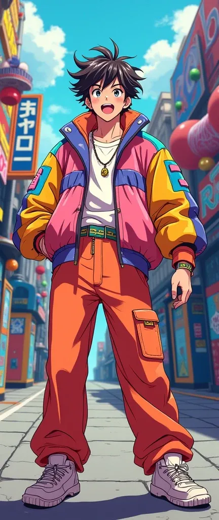 **Prompt:**

Create a male character image inspired by 90s anime style, with a fun and nostalgic look. He must have messy and colorful hair, with a bold style that recalls the vibrant aesthetics of the time. Your outfit should be a combination of oversized...