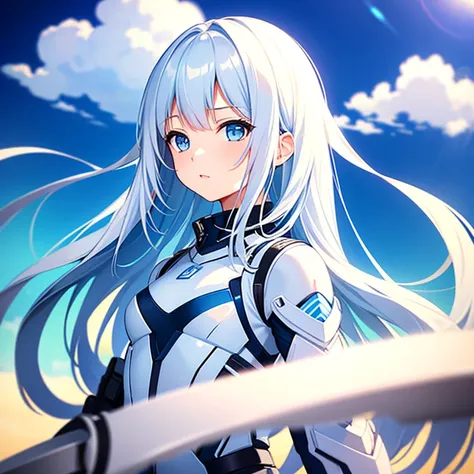 white combat suit with blue pattern, pretty girl, pixie cut hair, small breasts, flat chest, outdoor, blue sky, canon, masterpie...