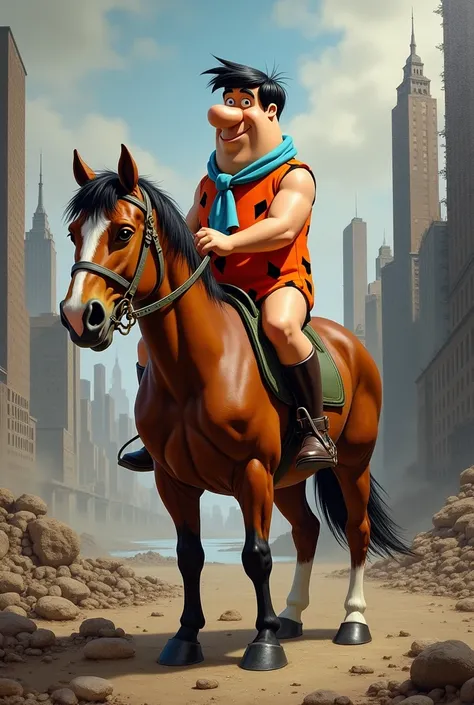 Oil Painting of Fred Flintstone riding on a horse in the foreground with a destroyed post apocalyptic New York City in the far background.  