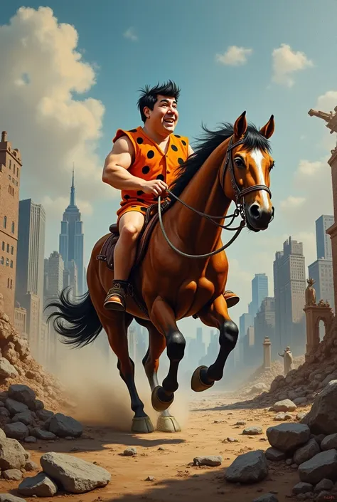 Oil Painting of Fred Flintstone riding on a horse in the foreground with a destroyed post apocalyptic New York City in the far background.  