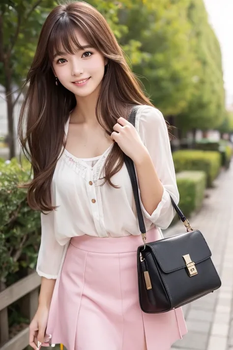 High resolution, Long Hair, bangs, Brown Hair,   2、168cm、　Japanese、Beautiful Face、Model body type、Droopy eyes, 
smile, chest, Pink Skirt、Cute clothes、Handbags