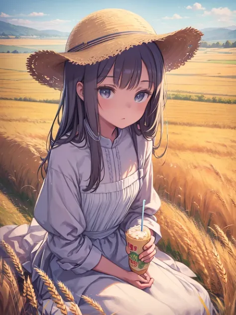 (masterpiece, Best Quality), Surreal, Very detailed, Young peasant woman in a linen dress, sitting in the middle of a wheat field, Leaning against a haystack, Eat a sandwich and drink milk,