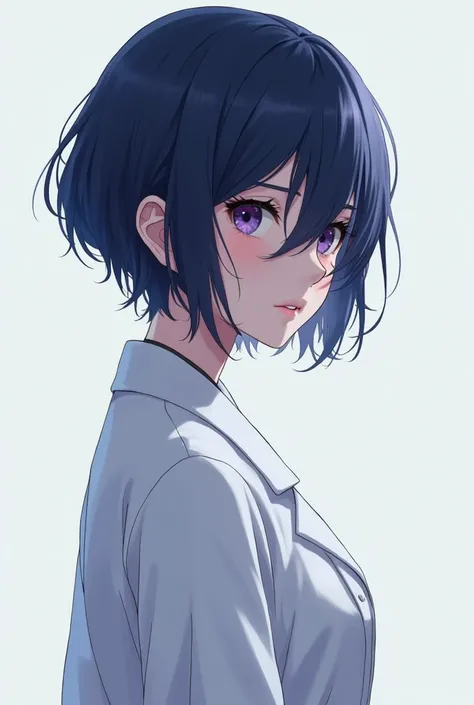 1 girl, Breasts, Violet eyes, from the side, Masterpiece, Anatomically correct, Short hair, Hair over one eye, Dark blue hair, Große Breasts, Arztkittel