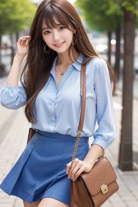 High resolution, Long Hair, bangs, Brown Hair,   2、168cm、　Japanese、Beautiful Face、Model body type、Droopy eyes, 
smile, chest, Blue Skirt、Cute clothes、Handbags