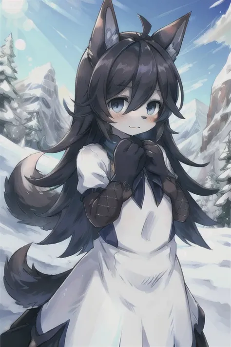 (boy with wolf ears)　(blue long hair)　snow mountain　snowstorm　on the cliff　kind face