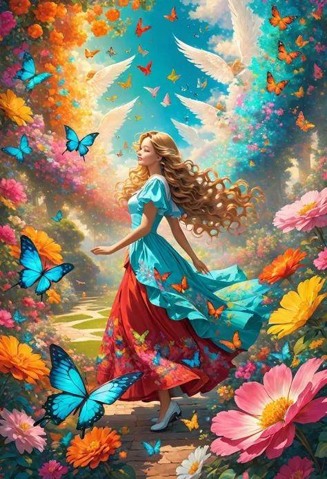 Attractive woman, long wavy hair, angel wings, heaven, Eden, colorful flowers: red, green, yellow, blue, orange, white, pink, magenta, cyan, birds, butterflies, fractal manifolds, dynamic poses, Alice in Wonderland,