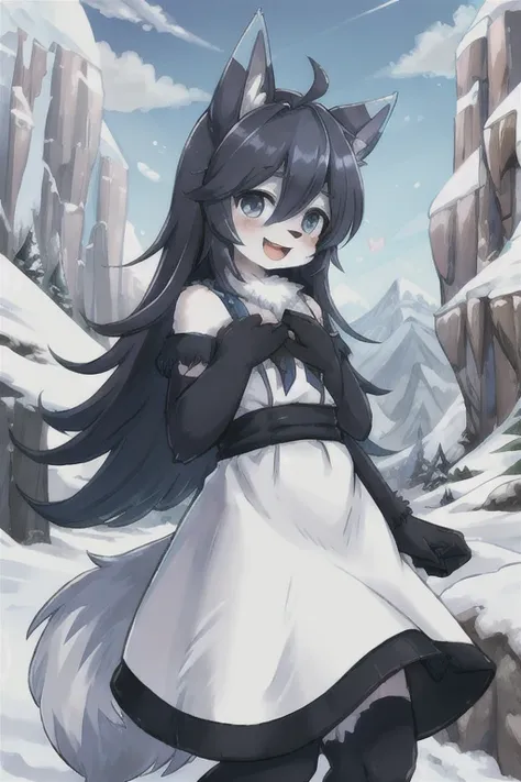 (boy with wolf ears)　(blue long hair)　snow mountain　snowstorm　on the cliff　kind face　laughing