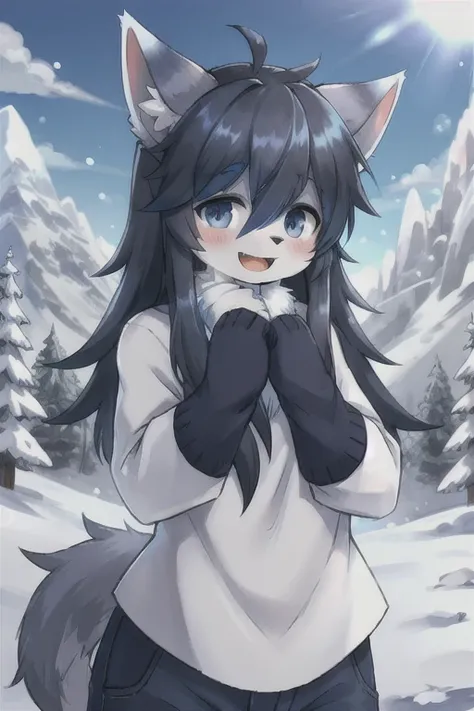 (Boy with wolf ears)　(Blue long hair)　Snow Mountain　Snowstorm　On the Cliff　Kind Face　Laughing