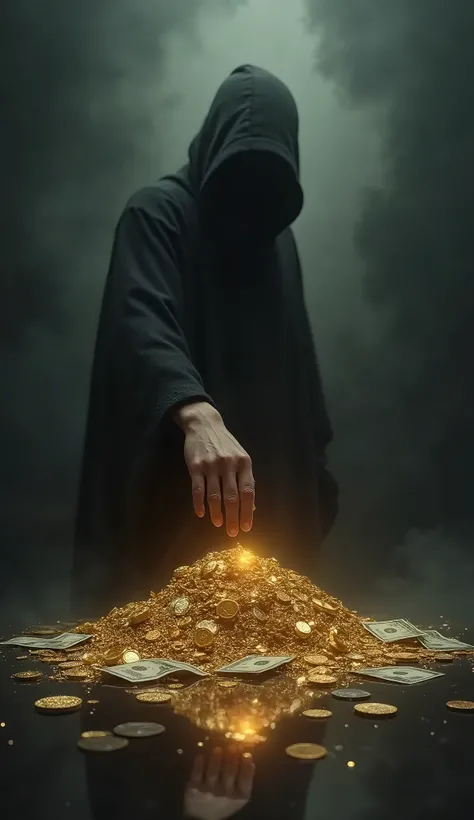 Create a provocative and realistic digital artwork for a motivational video with a stoic theme. The scene should depict a hand reaching out toward a pile of luxurious items—gold, jewels, and currency—while a shadowy, empty figure stands in the background, ...