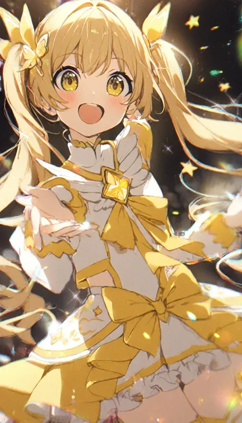 (1 girl:1.5)、Yellow Magical Girl、(Long twin tails)、Ruffled Skirt、Yellow ribbon、butterfly々、Lots of yellow stars、Sparkling、lame、Glitter、White Feather、(Dancing)、smile