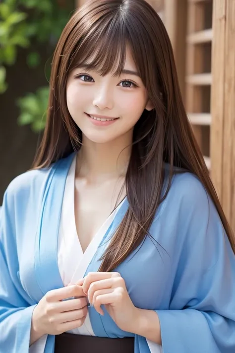 High resolution, Long Hair, bangs, Brown Hair,   2、168cm、　Japanese、Beautiful Face、Model body type、Droopy eyes, 
smile, chest, Blue kimono、