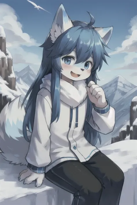 (Boy with wolf ears)　(Blue long hair)　Snow Mountain　Snowstorm　On the Cliff　Kind Face　Laughing