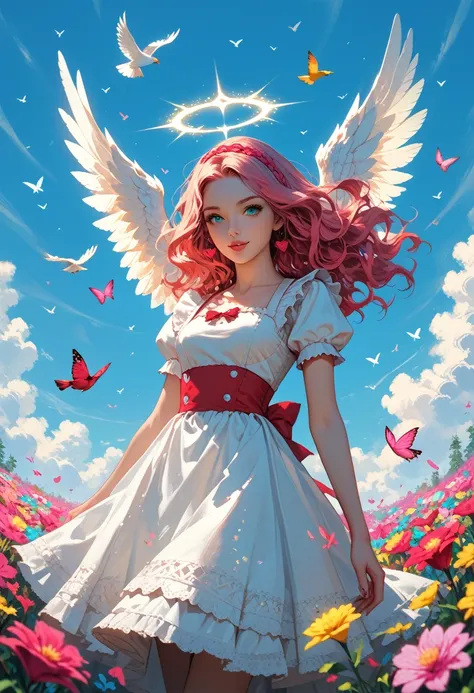 Attractive woman, long wavy hair, angel wings, heaven, Eden, colorful flowers: red, green, yellow, blue, orange, white, pink, magenta, cyan, birds, butterflies, fractal manifolds, dynamic poses, Alice in Wonderland,