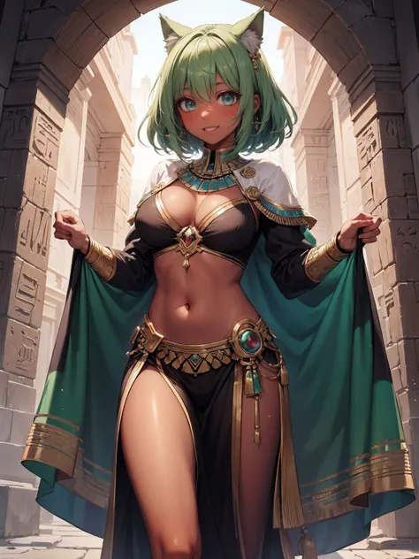 highest quality,wonderful,masterpiece,delicate,ultra high resolution,Super detailed,intricate details,beautiful,8K resolution,(Highly detailed CG Unity 8k wallpaper),sharp focus、1 female、Dark green hair、medium hair、vivid hair、Shaggy hair、Cat ear、big breast...