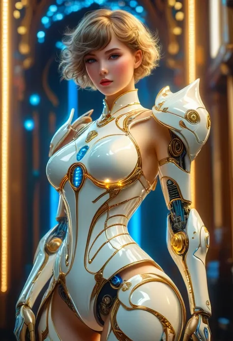 ultra high resolution, sharp features, highly detailed beautiful organic molding, art nouveau, beautiful young woman, white glazed body, very pale translucent skin, short hair, whole body, wide hips, thick thighs, high heeled boots, Cybernetics, cypernetic...