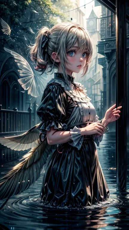 absurdres, highres,, (1girl, solo), big eyes,, townscape,, (Water Effects, Light Effects, Fluttering Feathers:1.2),