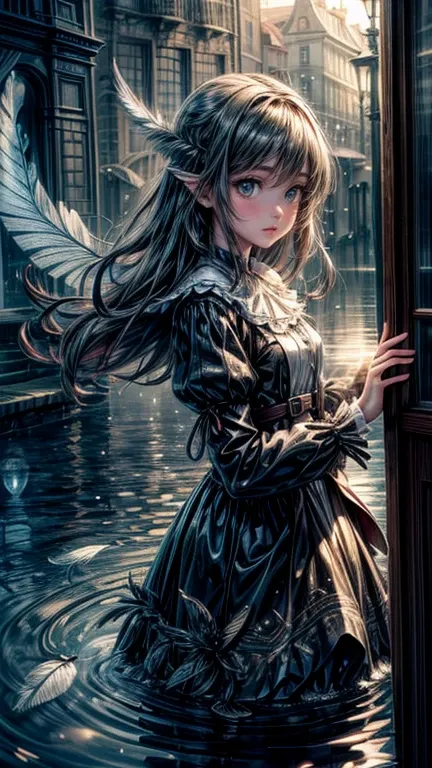 absurdres, highres,, (1girl, solo), big eyes,, townscape,, (Water Effects, Light Effects, Fluttering Feathers:1.2),