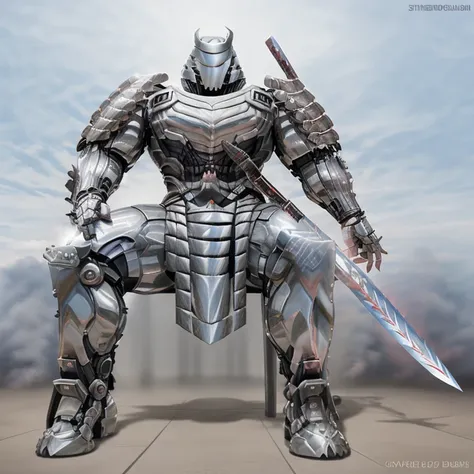 silver samurai.
- masterpiece, best quality, full body, 1boy.
- the background is a future city.
- armor suit, (full armor, cybo...