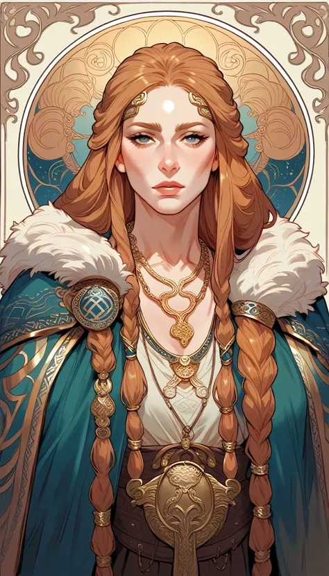 the norse goddess freyja in her cloak of white falcon feathers, wearing an elaborate viking necklace of gold and jewels. art nou...