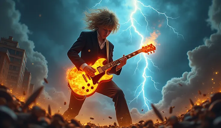 Create the image of Angus Young playing a burning Gibson SG guitar as the world ends., The dark sky causing a catastrophe weather while blue lightning strikes causing destruction