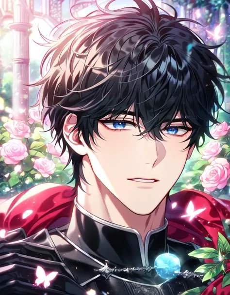 (Best quality: 1.2) absurdres, highres, ultra detailed, HDR, master piece, best quality, detailed eyes, delicated features, Manhwa Style, Kang Woojin, black hair, messy hair, expressive dark blue eyes, Love Jinx, solo, sexy man, handsome, sensual, adult fa...