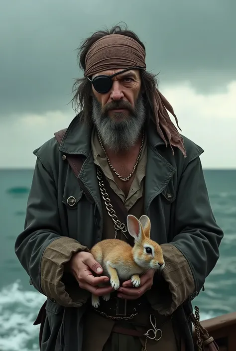 a pirate holding a dead rabbit in his hands