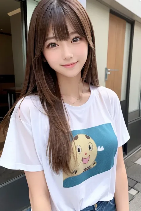 High resolution, Long Hair, bangs, Brown Hair,   2、168cm、　Japanese、Beautiful Face、Model body type、Droopy eyes, 
smile, chest, Hot pants、T-Shirts、