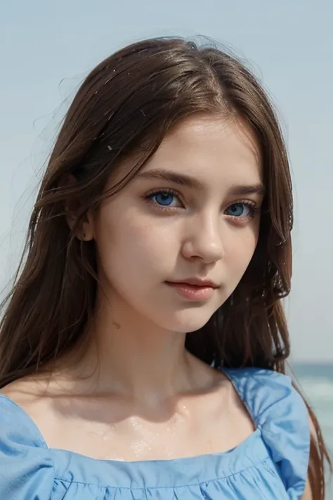 princes with blue dress, sky blue and round eyes, slightly marked features, semi wavy brown hair, white skin, splashed nose, thin lips