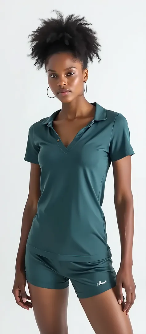 a woman in a teal shirt and shorts poses for a picture, dark teal, blue tight tshirt, in a dark teal polo shirt, with teal clothes, sport t-shirt, short sleeves, teal, teal tunic, teal uniform, upper body visible, tight shirt, green shirt, upper body close...