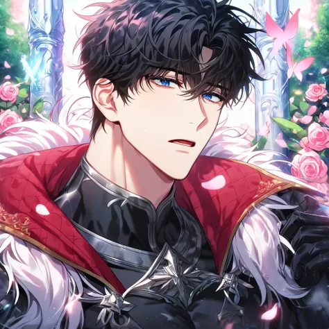 (Best quality: 1.2) absurdres, highres, ultra detailed, HDR, master piece, best quality, detailed eyes, delicated features, Manhwa Style, Kang Woojin, black hair, messy hair, expressive dark blue eyes, Love Jinx, solo, sexy man, handsome, sensual, adult fa...