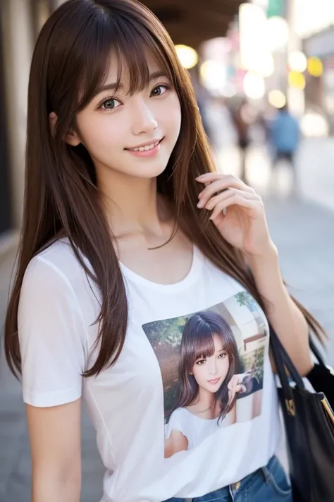 High resolution, Long Hair, bangs, Brown Hair,   2、168cm、　Japanese、Beautiful Face、Model body type、Droopy eyes, 
smile, chest, Hot pants、T-Shirts、Handbags、