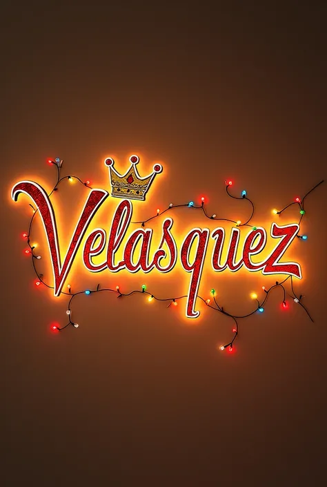 Create an image that says "Velasquez family" with Christmas lights around and a crown on the letter V