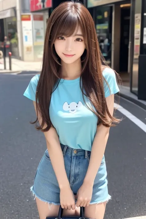 High resolution, Long Hair, bangs, Brown Hair,   2、168cm、　Japanese、Beautiful Face、Model body type、Droopy eyes, 
smile, chest, Hot pants、T-Shirts、Blue high heels、Handbags、Full body