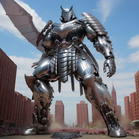 silver samurai.
- masterpiece, best quality, full body, 1boy.
- armor suit, (full armor, cyborg, science fiction, combat helmet) 
- dominating silver samurai. silver samurai is over 1000 meters long. focus GIANT mechanical Muscular silver samurai is trampl...