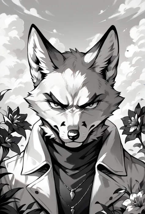 a fox, black and white fur, wearing white suit, looking at the viewer, serious, seriously, detailed face, flowers around, clouds...