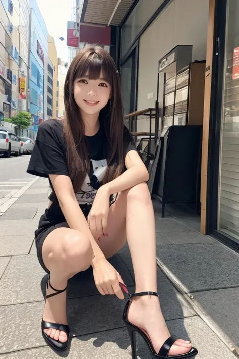 High resolution, Long Hair, bangs, Brown Hair,   2、168cm、　Japanese、Beautiful Face、Model body type、Droopy eyes, 
smile, chest, Hot pants、T-Shirts、Black high heels、Handbags、Girl sitting、Full body