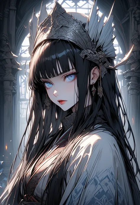 solo, female, hime cut, black hair, icy blue eyes, western clothes, Japanese inspiration, yuki-onna, close up, impassive, beautiful, medieval, fantasy, elegant, long straight hair, indoors, cold light, very pale, wealthy, pariah, headress, simple clothes