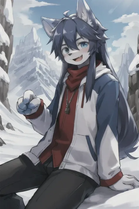 (boy with wolf ears)　(blue long hair)　snow mountain　snowstorm　on the cliff　kind face　laughing