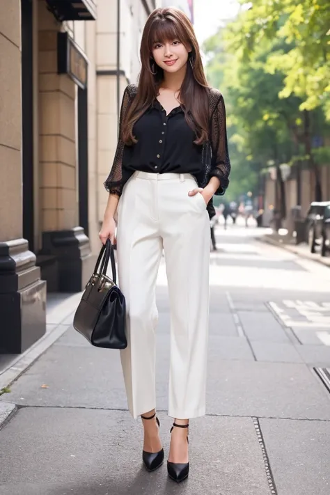 High resolution, Long Hair, bangs, Brown Hair,   2、168cm、　Japanese、Beautiful Face、Model body type、Droopy eyes, 
smile, chest, White trousers、camisole、Black high heels、Handbags、、Full body