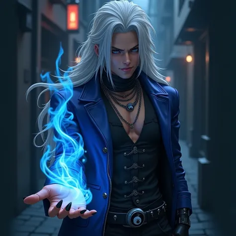 Male age 25, latin-greman, smile, gray eyes, white hair visual kei, deep evil and cute eyes, long crazy smile, mixed royal blue and black on the leather matrix gabardine open, soft black shirt, black cargo pants, only right arm on blue flames, cyberpunk st...