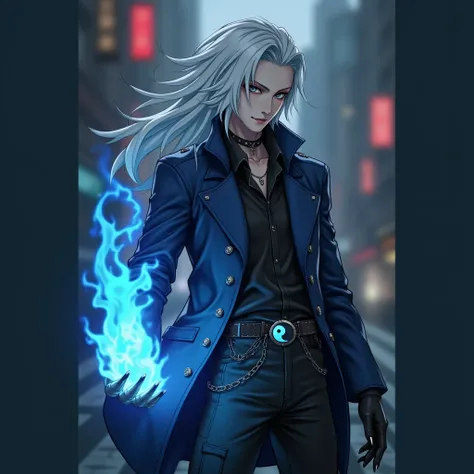 Male age 25, latin-greman, smile, gray eyes, white hair visual kei, deep evil and cute eyes, long crazy smile, mixed royal blue and black on the leather matrix gabardine open, soft black shirt, black cargo pants, only right arm on blue flames, cyberpunk st...